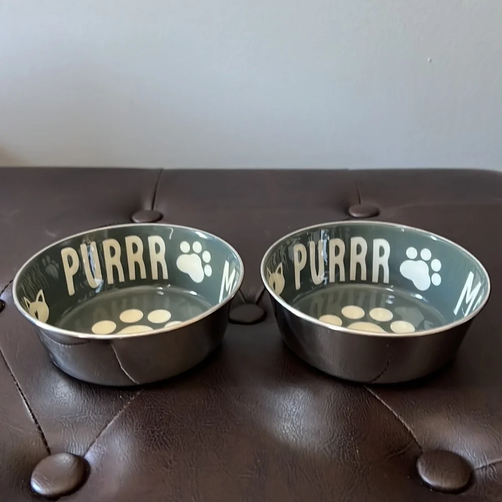 Pre-owned set of two cat food bowls, outside of bowl is stainless steel.